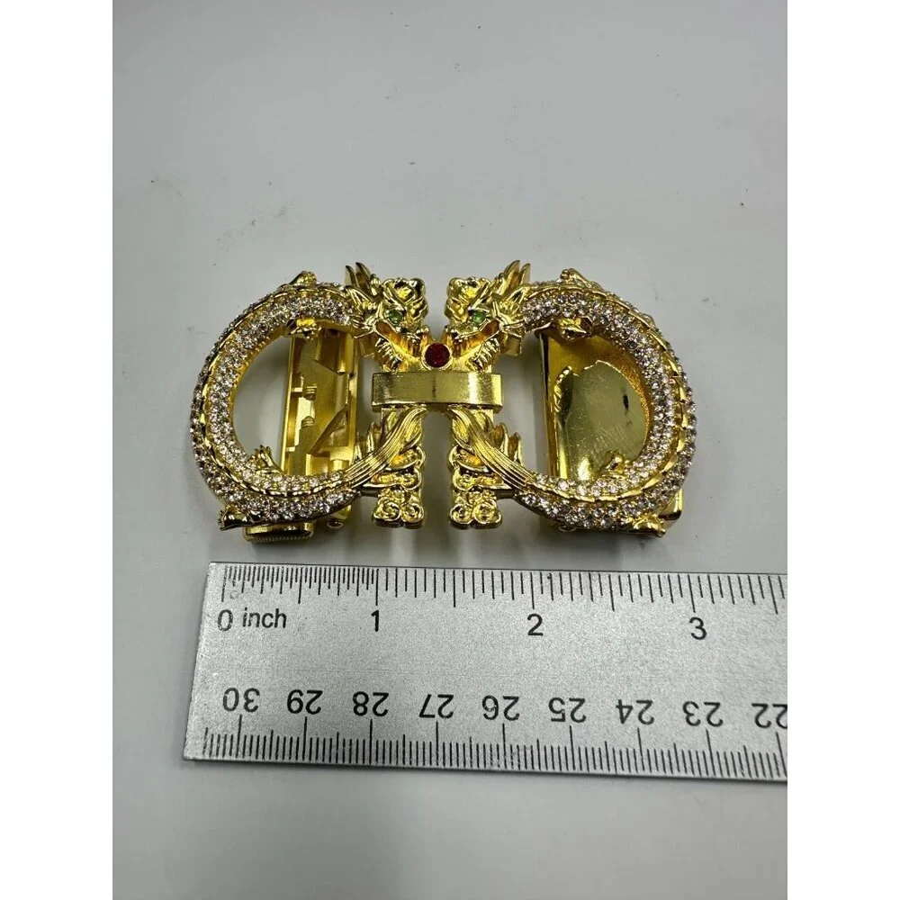 Dragon Rhinestone Ratchet Belt Buckle Gold Tone Automatic Slide Fantasy